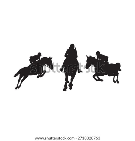 Silhouetted horse riders jumping in a dynamic equestrian scene
