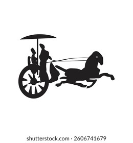 Silhouetted horse-drawn chariot with two figures and parasol.