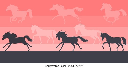 silhouetted horses gallop on sunset.
