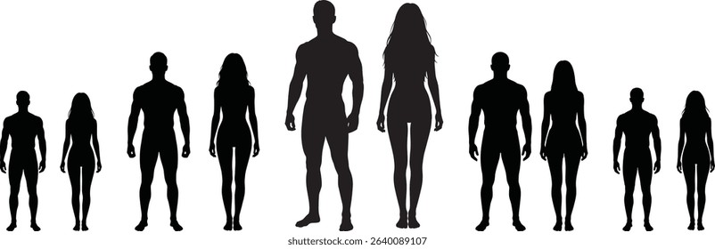 Silhouetted human figures standing in a line on white background
