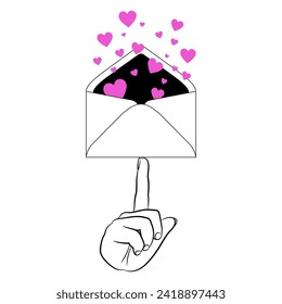 Silhouetted human hand holding on fingertip of a raised up index finger an open paper envelope with a cloud of pink hearts inside. Creative romantic concept. Valentine's Day design.