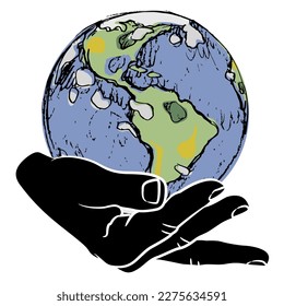 Silhouetted human hand holding planet Earth. Creative environmental concept. Isolated vector illustration.