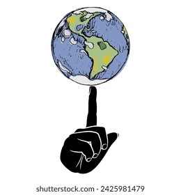 Mano humana silueteada sosteniendo el planeta tierra en la punta del dedo índice. Concepto ambiental creativo. Ilustración aislada del vector.