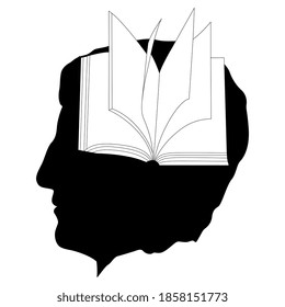 Cabeza humana silvestre con libro abierto en su cerebro. Concepto creativo para la alfabetización y la lectura. Educación y diseño de memoria. Silueta blanca y negra. Dibujo con logotipo.