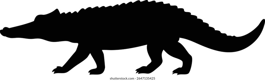 Silhouetted illustration of a crocodile or alligator in a walking pose against white background
