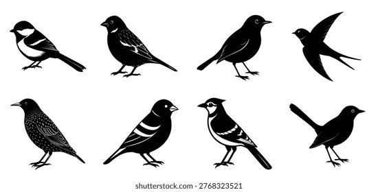 silhouetted illustration of nine different bird species 
