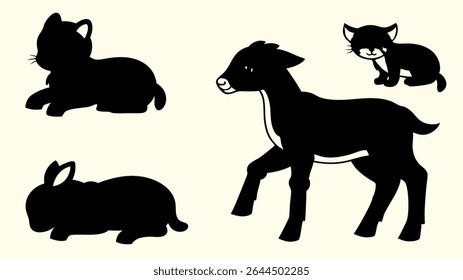 Ilustrações silhuetadas de animais fofos, incluindo um gatinho, um coelho e uma cabra jovem de preto