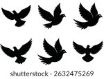 Silhouetted illustrations of doves in different flying positions against a plain white background for design.