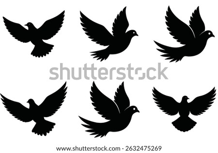 Silhouetted illustrations of doves in different flying positions against a plain white background for design.