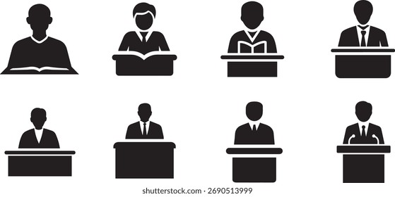 Ilustraciones siluetadas de Personas dando conferencias o leyendo en escritorios o podios