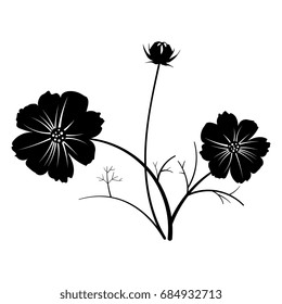 Silhouetted image of a cosmos plant. Black on white background. Element for design, emblem or logo.