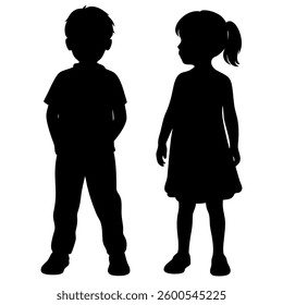 A silhouetted image depicts a young boy and girl standing side-by-side. The boy is dressed casually with hands tucked in his pockets,