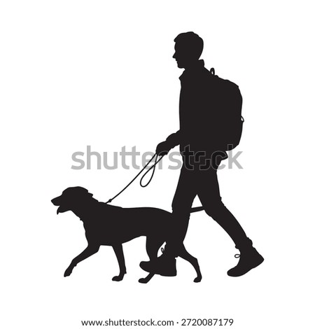 A silhouetted image showcases a man walking his dog on a leash representing companionship and outdoor activity