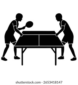 A imagem silhuetada mostra dois personagens jogando pingue-pongue com raquetes de tênis de mesa. As figuras estão viradas uma para a outra em toda a mesa, prontas para ação.