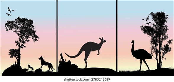 Silhouetted kangaroo, dingo and emu stand against a soft pastel sunset sky in an Australian outback triptych composition, evoking solitude, wilderness and serene natural beauty.
