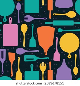 Silhouetted kitchenware seamless pattern. Repeated utensils shapes, culinary, cooking theme, restaurant tools. Decor textile, wrapping, wallpaper. Print for fabric nowaday vector background