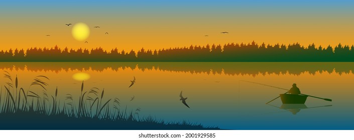 A silhouetted landscape with a fisherman in a fishing boat with paddles on a lake or river against the sunset. Fishing at sunrise.