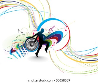 silhouetted a man dancing enjoy music in music wave background, vector illustration