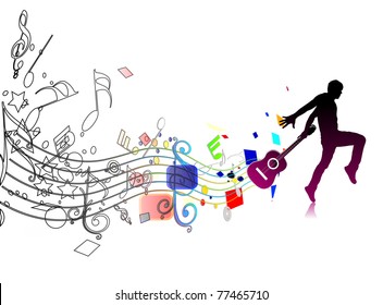 silhouetted a man dancing enjoy music in music wave background, vector illustration