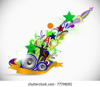 silhouetted a man dancing enjoy music in floral background, vector illustration