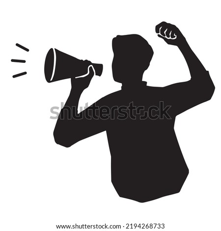 Silhouetted man shouting with megaphone