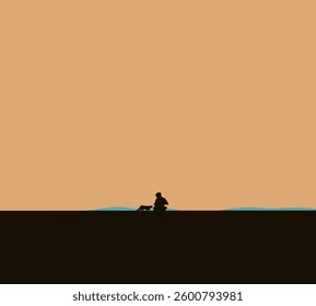 Silhouetted man sitting with dog enjoying holiday vacation seascape during sunset time. Orange sky nature outdoor background. 