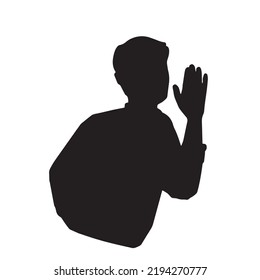 Silhouetted man speaking with hands clasped over mouth, meeting, greeting, or apologizing