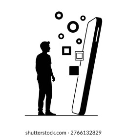 A silhouetted man stands in front of a large tilted smartphone, examining geometric icons.