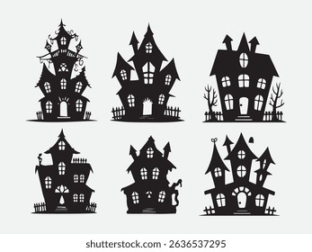 Silhouetted Mansions with Towers and Lights Against Bold Yellow Halloween Sky.