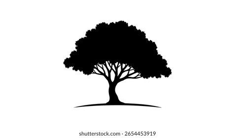 Silhouetted Mature Tree Vector with Curved Trunk and Rounded Canopy on White Background
