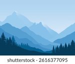 Silhouetted mountain landscape, fog a mountain range with forest