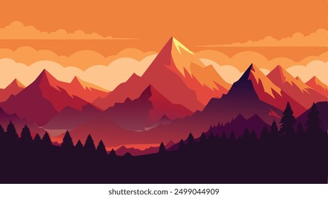 A silhouetted mountain range against a fiery sunset, illustration , art