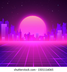 Silhouetted Night City on Skyline. 80s Retro Sci-Fi Background. Futuristic Design in 80s Style. Vector illustration