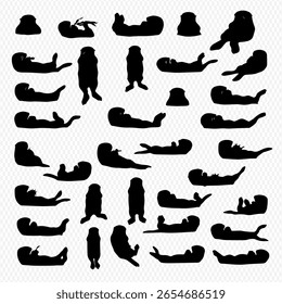 Silhouetted otters in various poses, lying down, standing, and playing.