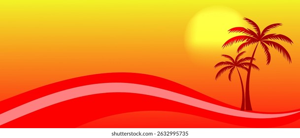 Silhouetted palm trees stand against a vibrant orange and yellow sunset. Red wavy lines form a stylized beach at the base.