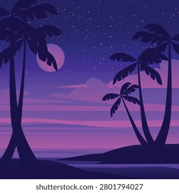 Silhouetted palms stand tall against a starry night sky. Purple hues blend softly with distant clouds and calm waters. Glowing moon shines behind the tallest tree. The scene evokes peace, serenity