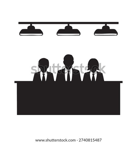 Silhouetted panel of three formally dressed individuals sits at a table beneath bright overhead lights representing a judicial hearing or corporate presentation setting.