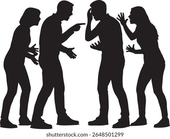 Pessoas silhuetadas argumentando e gesticulando descrevendo conflitos de raiva e problemas de relacionamento