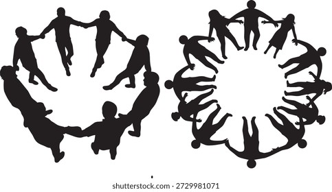 Silhouetted people form two circular groups holding hands and dancing together in unison showcasing unity and cooperation.