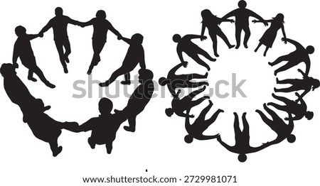 Silhouetted people form two circular groups holding hands and dancing together in unison showcasing unity and cooperation.