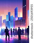 Silhouetted people in futuristic cityscape vibrant colors modern skyscrapers digital lines urban community concept