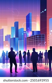 Silhouetted people in futuristic cityscape vibrant colors modern skyscrapers digital lines urban community concept