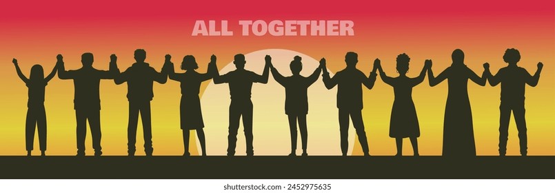 Silhouetted people holding hands against a sunset. Unity and togetherness concept vector illustration.