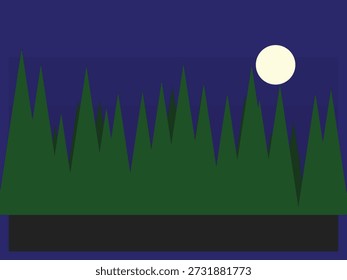 Silhouetted pine forest under glowing full moon in night sky, minimalist landscape with tranquil atmosphere and deep blue tones