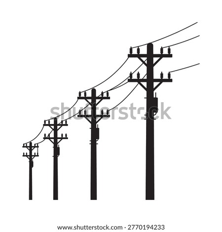 Silhouetted power lines and utility poles against a white background