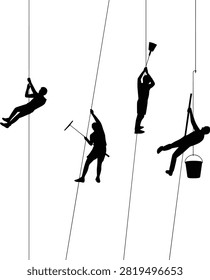 Silhouetted professional window cleaners suspended on ropes, performing maintenance, high-rise skyscraper exterior, urban safety gear, teamwork, industrial building cleaning