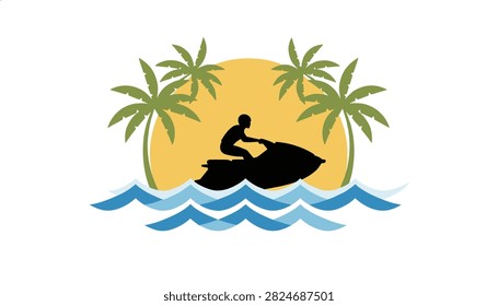 Silhouetted rider driving a jet ski under palm trees against a large circular sun over ocean waves in a tropical setting.