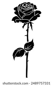 Silhouetted rose with leaves and thorns on stem, perfect for love and nature-themed designs