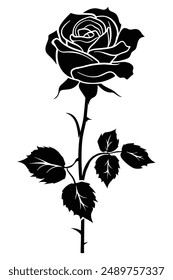 Silhouetted rose with leaves and thorns on stem, perfect for love and nature-themed designs