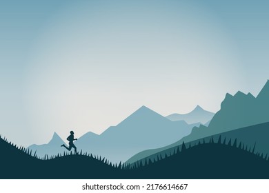 silhouetted runner against the sky at sunrise while running in the mountains of the Alps along a steep trail
